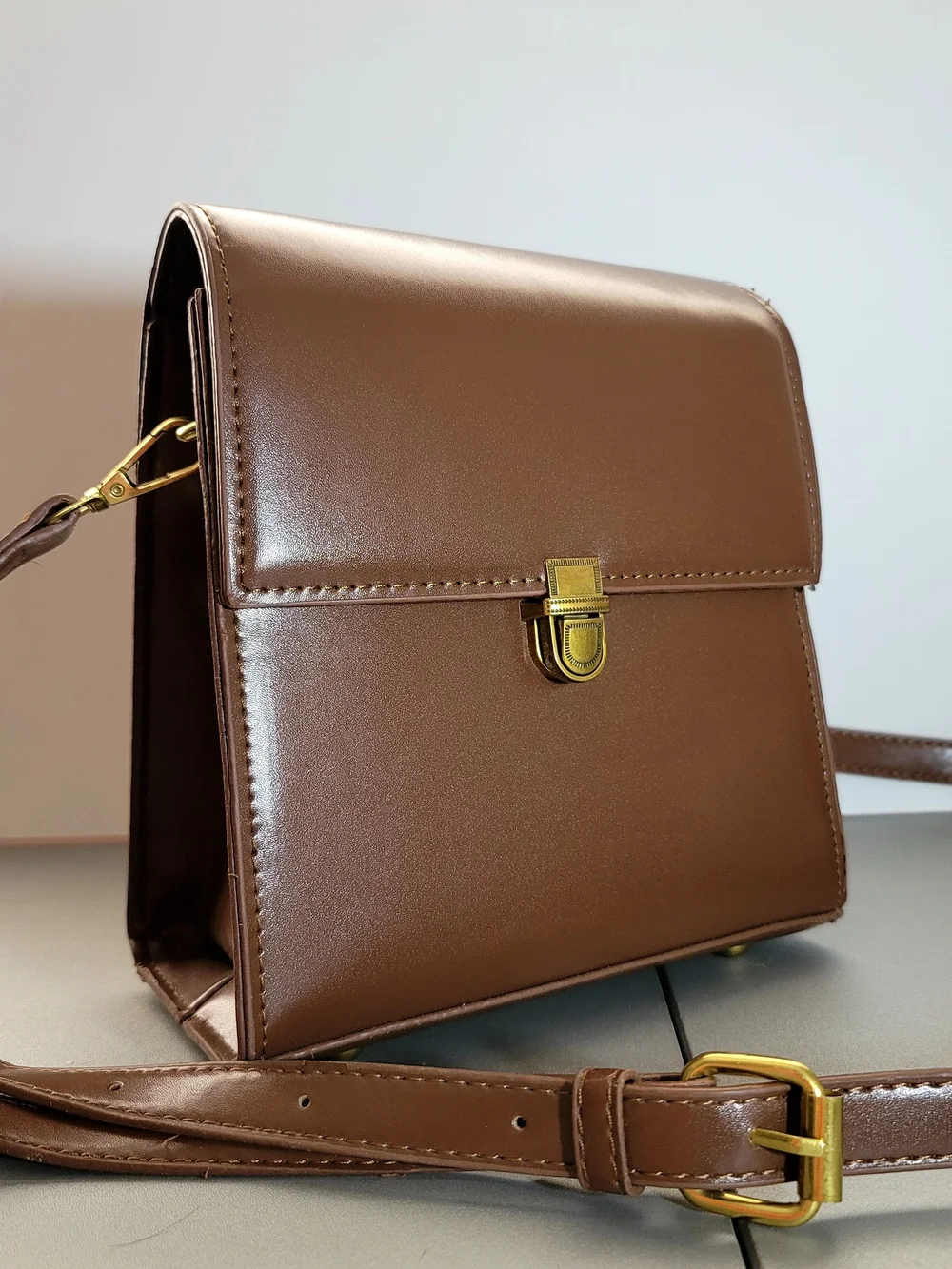 Brown Structured Crossbody Bag with Gold Hardware